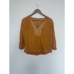 Anthropologie Dolan Blouse XS Mustard Embroidered Boho Peasant Top Pullover